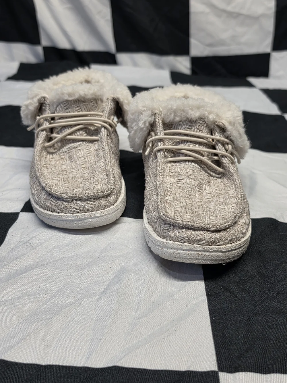 Cozy Beige Kids Slip-On Shoes with Faux Fur Collar